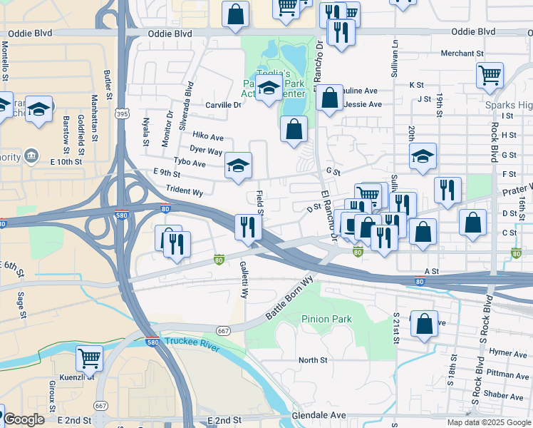 map of restaurants, bars, coffee shops, grocery stores, and more near 432 Field Street in Sparks