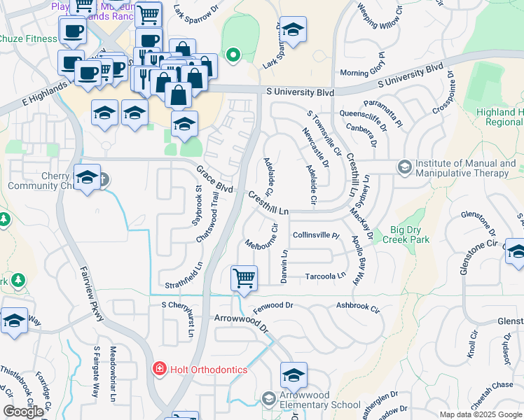 map of restaurants, bars, coffee shops, grocery stores, and more near 9983 Melbourne Circle in Highlands Ranch