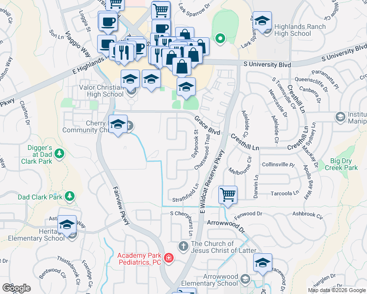 map of restaurants, bars, coffee shops, grocery stores, and more near 9867 Aftonwood Street in Highlands Ranch