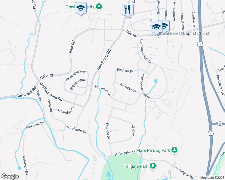 map of restaurants, bars, coffee shops, grocery stores, and more near 1011 Peppard Drive in Bel Air