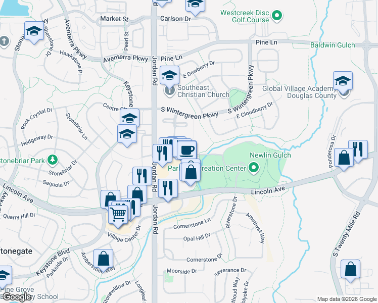 map of restaurants, bars, coffee shops, grocery stores, and more near 109 Recreation Drive in Parker