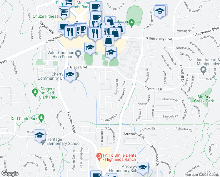 map of restaurants, bars, coffee shops, grocery stores, and more near 9867 Aftonwood Street in Littleton