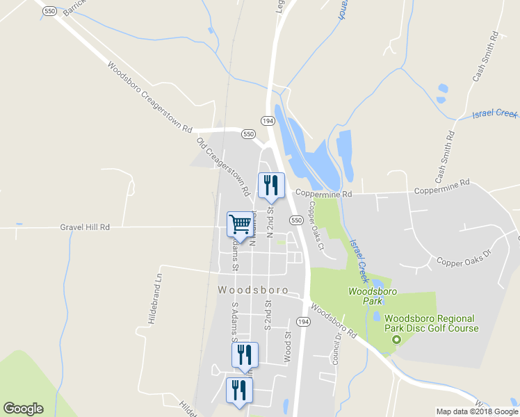 map of restaurants, bars, coffee shops, grocery stores, and more near 200 North Main Street in Woodsboro