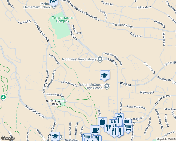 map of restaurants, bars, coffee shops, grocery stores, and more near 6289 Everest Drive in Reno