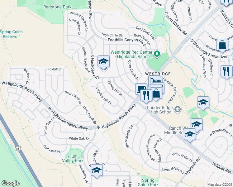 map of restaurants, bars, coffee shops, grocery stores, and more near 9825 Spring Hill Street in Littleton