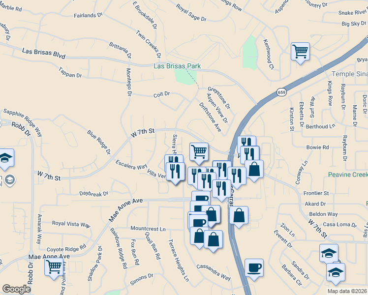 map of restaurants, bars, coffee shops, grocery stores, and more near 2190 Altamira Drive in Reno