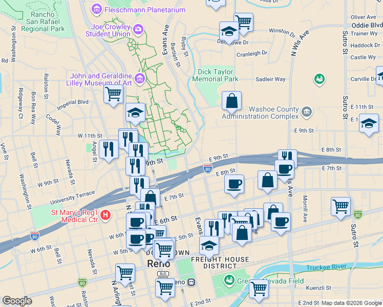 map of restaurants, bars, coffee shops, grocery stores, and more near 920 Evans Avenue in Reno