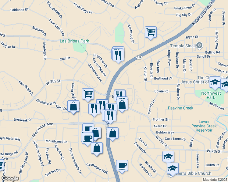 map of restaurants, bars, coffee shops, grocery stores, and more near 4995 West 7th Street in Reno