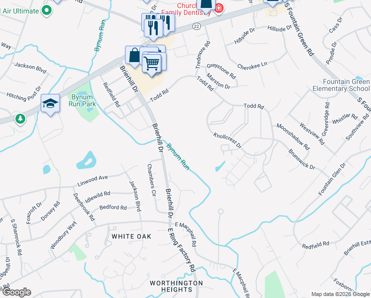 map of restaurants, bars, coffee shops, grocery stores, and more near 1312 Scottsdale Drive in Bel Air