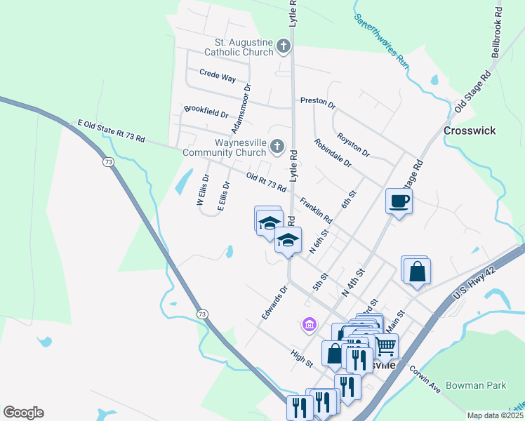 map of restaurants, bars, coffee shops, grocery stores, and more near 659 Dayton Road in Waynesville