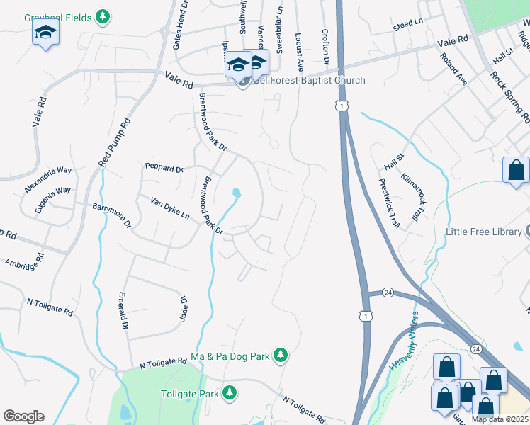 map of restaurants, bars, coffee shops, grocery stores, and more near 900 Lynham Ct in Bel Air