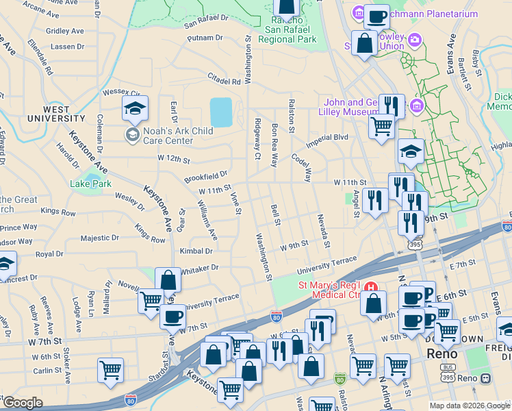 map of restaurants, bars, coffee shops, grocery stores, and more near 1050 Washington Street in Reno
