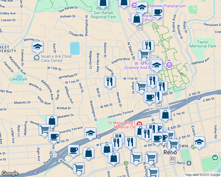 map of restaurants, bars, coffee shops, grocery stores, and more near 1022 Ralston Street in Reno