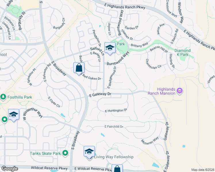map of restaurants, bars, coffee shops, grocery stores, and more near 9865 South Wedgewood Drive in Littleton