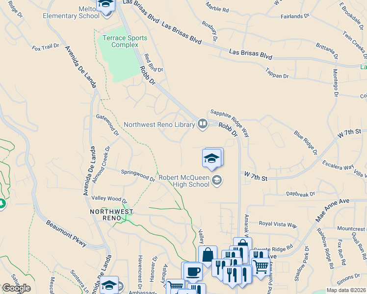 map of restaurants, bars, coffee shops, grocery stores, and more near 6289 Everest Drive in Reno