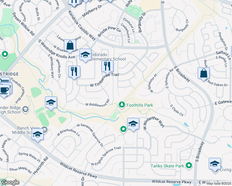 map of restaurants, bars, coffee shops, grocery stores, and more near 9869 Burberry Way in Littleton