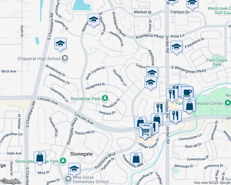 map of restaurants, bars, coffee shops, grocery stores, and more near 16241 Bluebonnet Drive in Parker