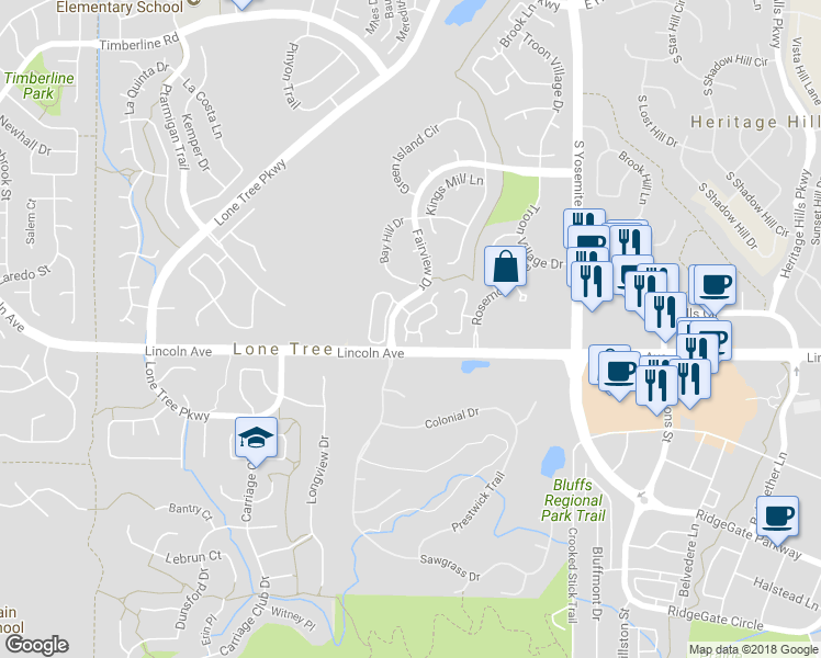 map of restaurants, bars, coffee shops, grocery stores, and more near 9866 Firestone Circle in Lone Tree