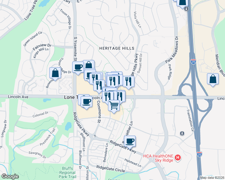 map of restaurants, bars, coffee shops, grocery stores, and more near 9400 Heritage Hills Circle in Lone Tree