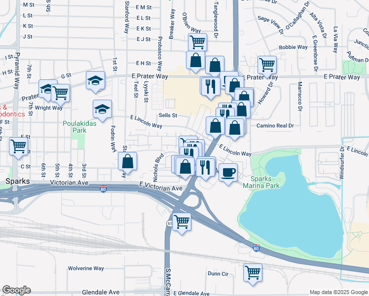 map of restaurants, bars, coffee shops, grocery stores, and more near 615 East Lincoln Way in Sparks