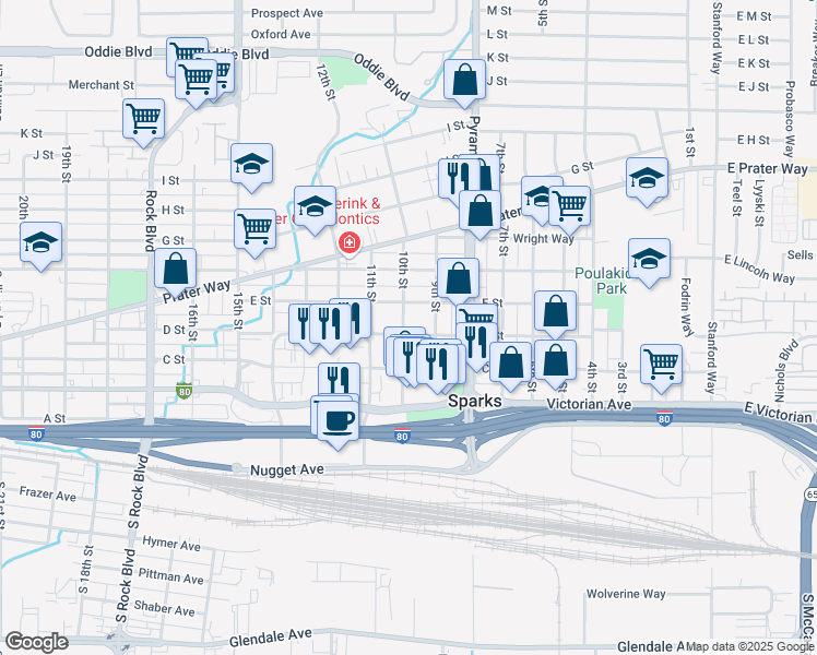 map of restaurants, bars, coffee shops, grocery stores, and more near 402 10th Street in Sparks