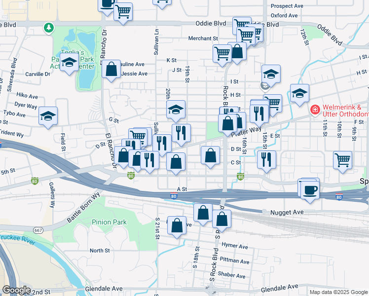 map of restaurants, bars, coffee shops, grocery stores, and more near 1915 Prater Way in Sparks
