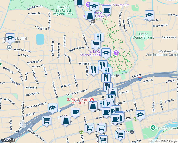 map of restaurants, bars, coffee shops, grocery stores, and more near 22 Angel Street in Reno