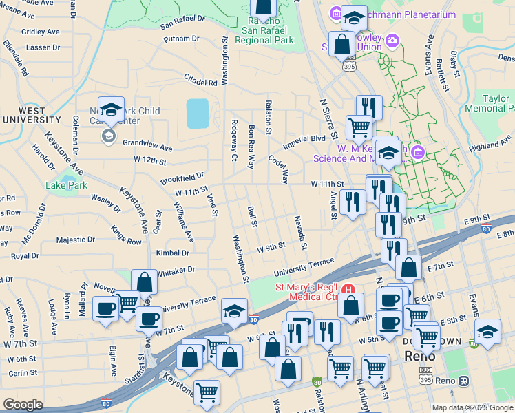 map of restaurants, bars, coffee shops, grocery stores, and more near 1053 Ralston Street in Reno