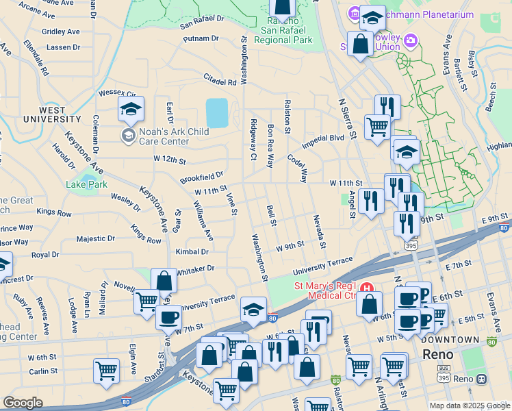 map of restaurants, bars, coffee shops, grocery stores, and more near 1050 Washington Street in Reno