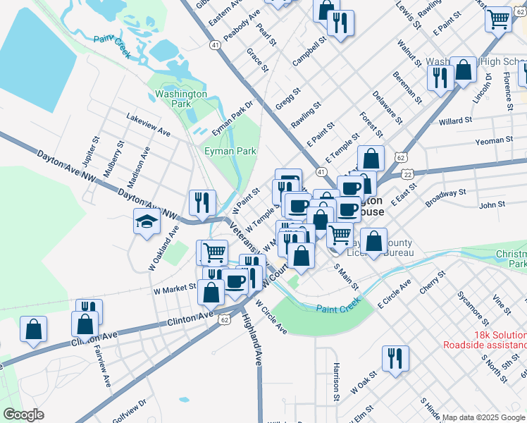 map of restaurants, bars, coffee shops, grocery stores, and more near 311 North Hinde Street in Washington Court House