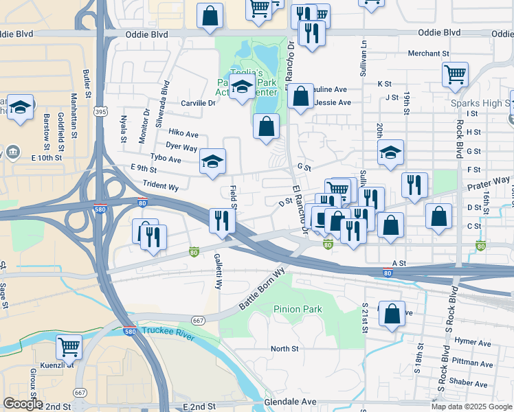 map of restaurants, bars, coffee shops, grocery stores, and more near 2525 Maxine Circle in Sparks