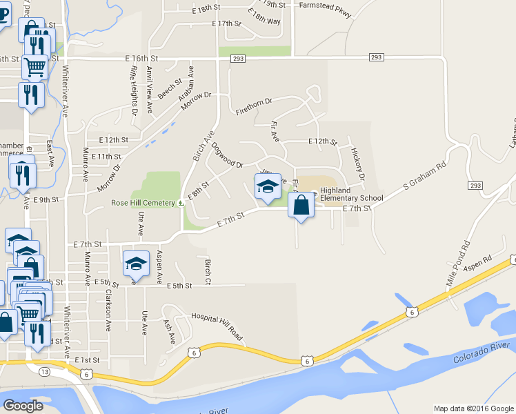 map of restaurants, bars, coffee shops, grocery stores, and more near 1416 East 7th Street in Rifle