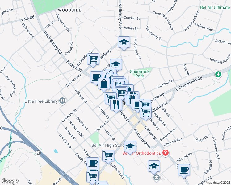 map of restaurants, bars, coffee shops, grocery stores, and more near 30 North Main Street in Bel Air