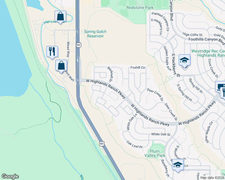 map of restaurants, bars, coffee shops, grocery stores, and more near 3609 West Rosewalk Circle in Littleton