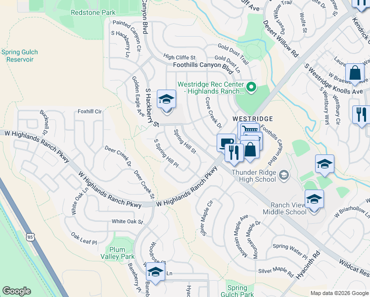 map of restaurants, bars, coffee shops, grocery stores, and more near 9825 Spring Hill Street in Littleton