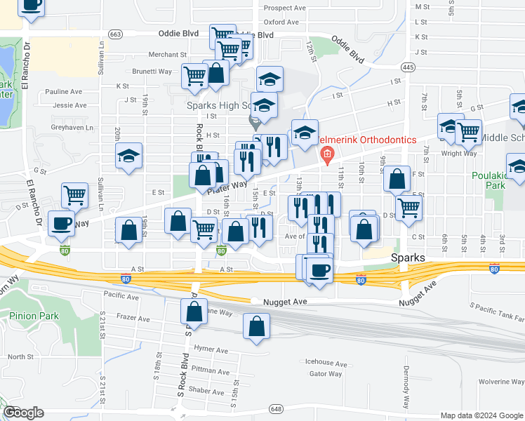 map of restaurants, bars, coffee shops, grocery stores, and more near 410 15th Street in Sparks