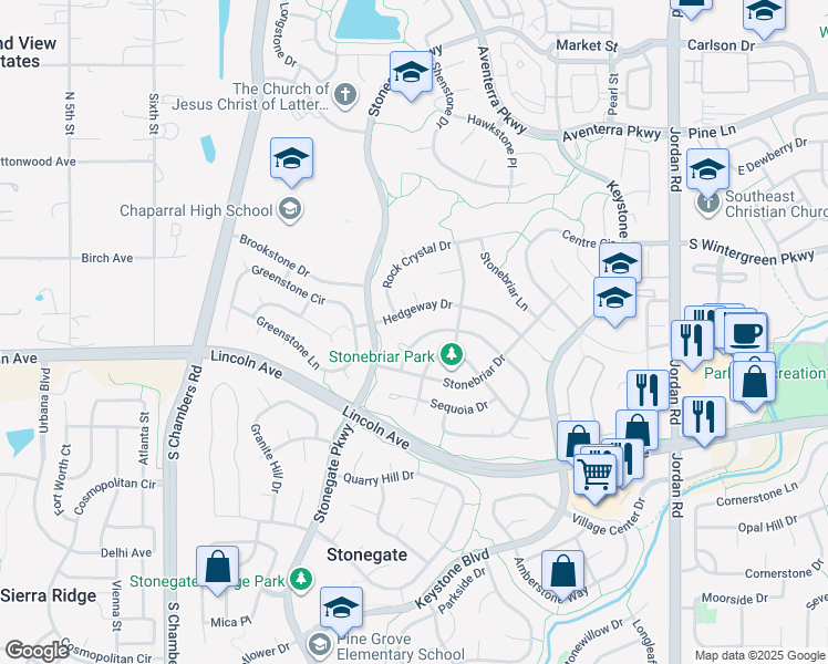 map of restaurants, bars, coffee shops, grocery stores, and more near 16021 Bluebonnet Drive in Parker