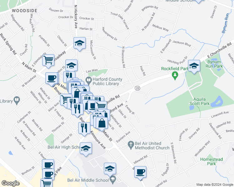 map of restaurants, bars, coffee shops, grocery stores, and more near 208 East Churchville Road in Bel Air