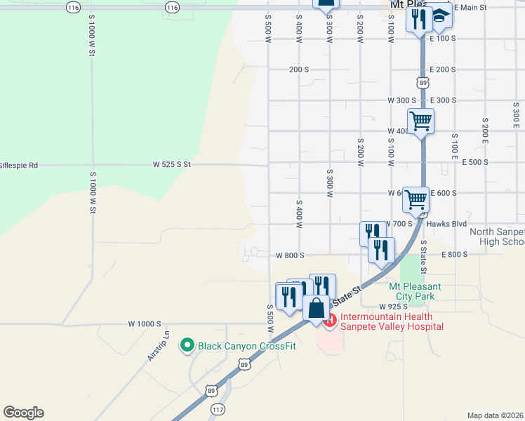 map of restaurants, bars, coffee shops, grocery stores, and more near 660 South 500 West in Mount Pleasant