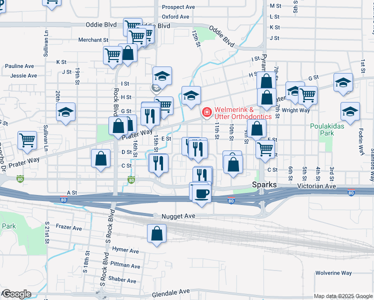 map of restaurants, bars, coffee shops, grocery stores, and more near 409 13th Street in Sparks