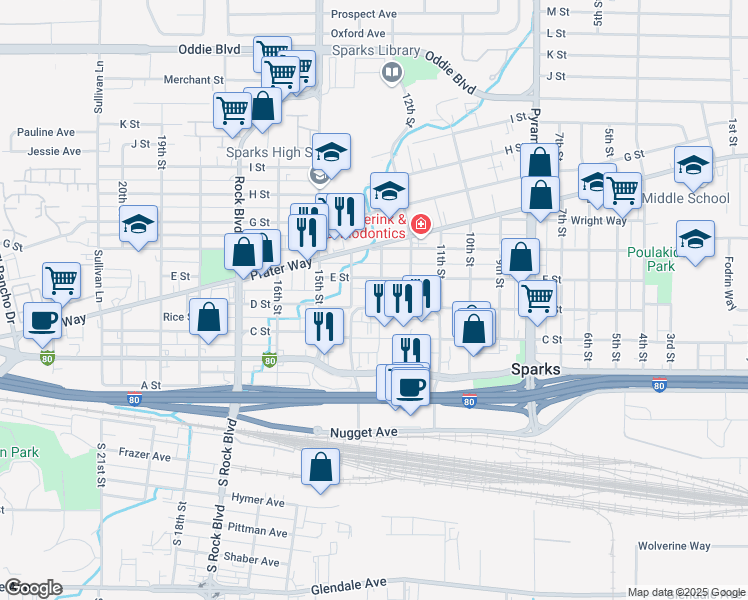 map of restaurants, bars, coffee shops, grocery stores, and more near 409 13th Street in Sparks