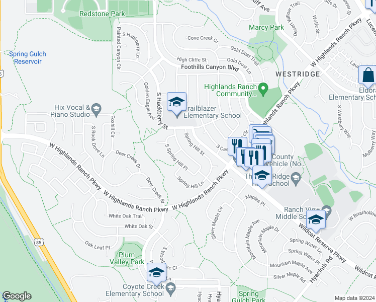 map of restaurants, bars, coffee shops, grocery stores, and more near 9848 Spring Hill Drive in Littleton