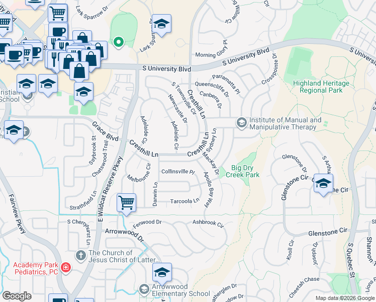 map of restaurants, bars, coffee shops, grocery stores, and more near 9838 South Townsville Circle in Littleton
