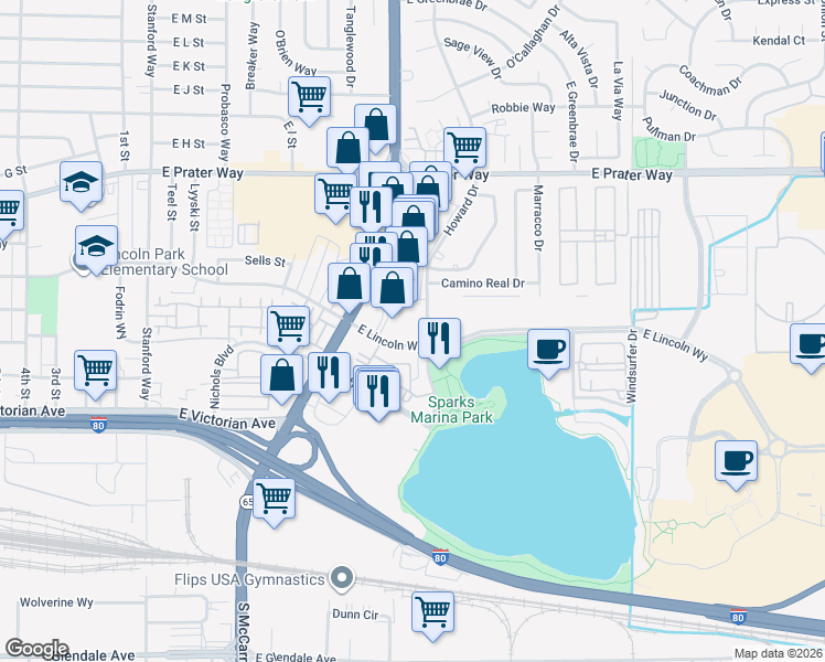 map of restaurants, bars, coffee shops, grocery stores, and more near 790 East Lincoln Way in Sparks