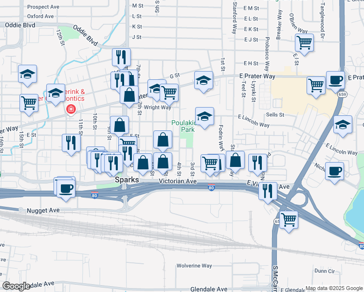 map of restaurants, bars, coffee shops, grocery stores, and more near 400 4th Street in Sparks