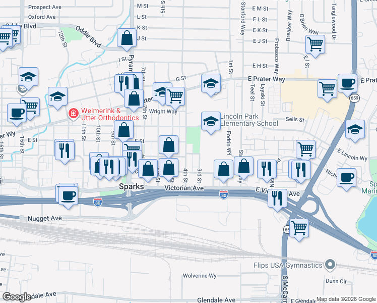 map of restaurants, bars, coffee shops, grocery stores, and more near 400 4th Street in Sparks