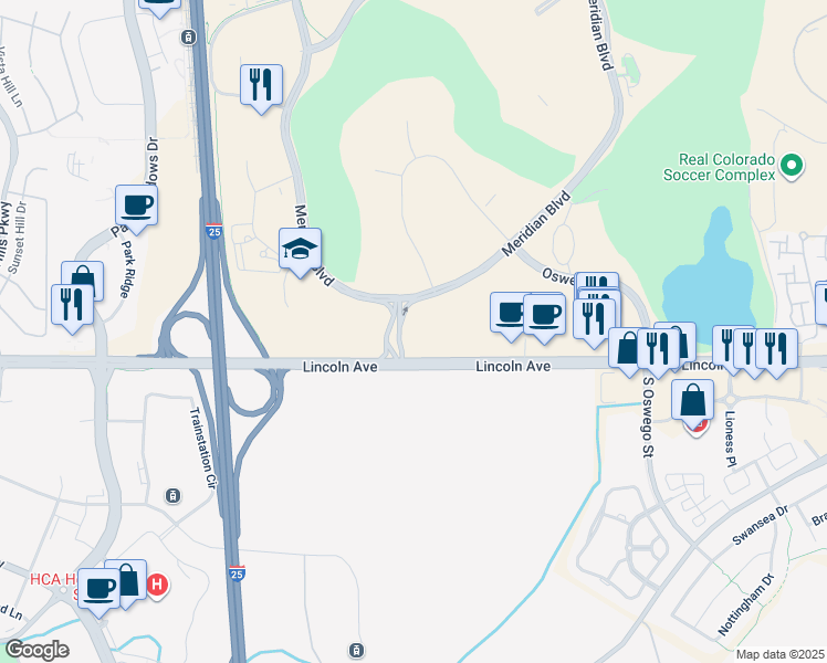 map of restaurants, bars, coffee shops, grocery stores, and more near 9800 South Meridian Boulevard in Englewood