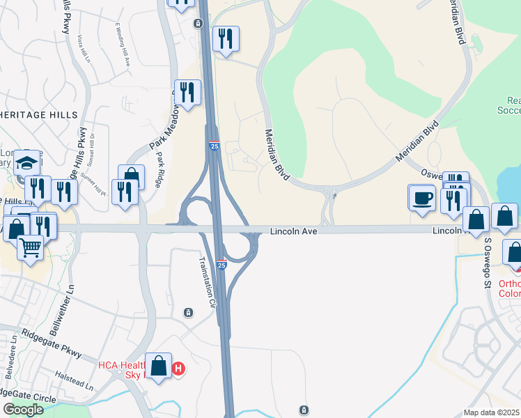 map of restaurants, bars, coffee shops, grocery stores, and more near 9800 Mount Pyramid Court in Englewood