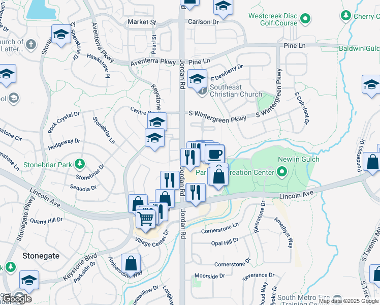 map of restaurants, bars, coffee shops, grocery stores, and more near 9677 Deer Horn Court in Parker