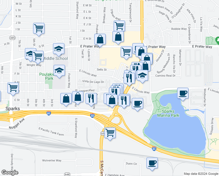 map of restaurants, bars, coffee shops, grocery stores, and more near 413 Gomez Court in Sparks